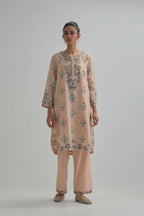 Pink silk Chanderi short kurta set with all-over floral boota embroidery, highlighted with silver sequins.