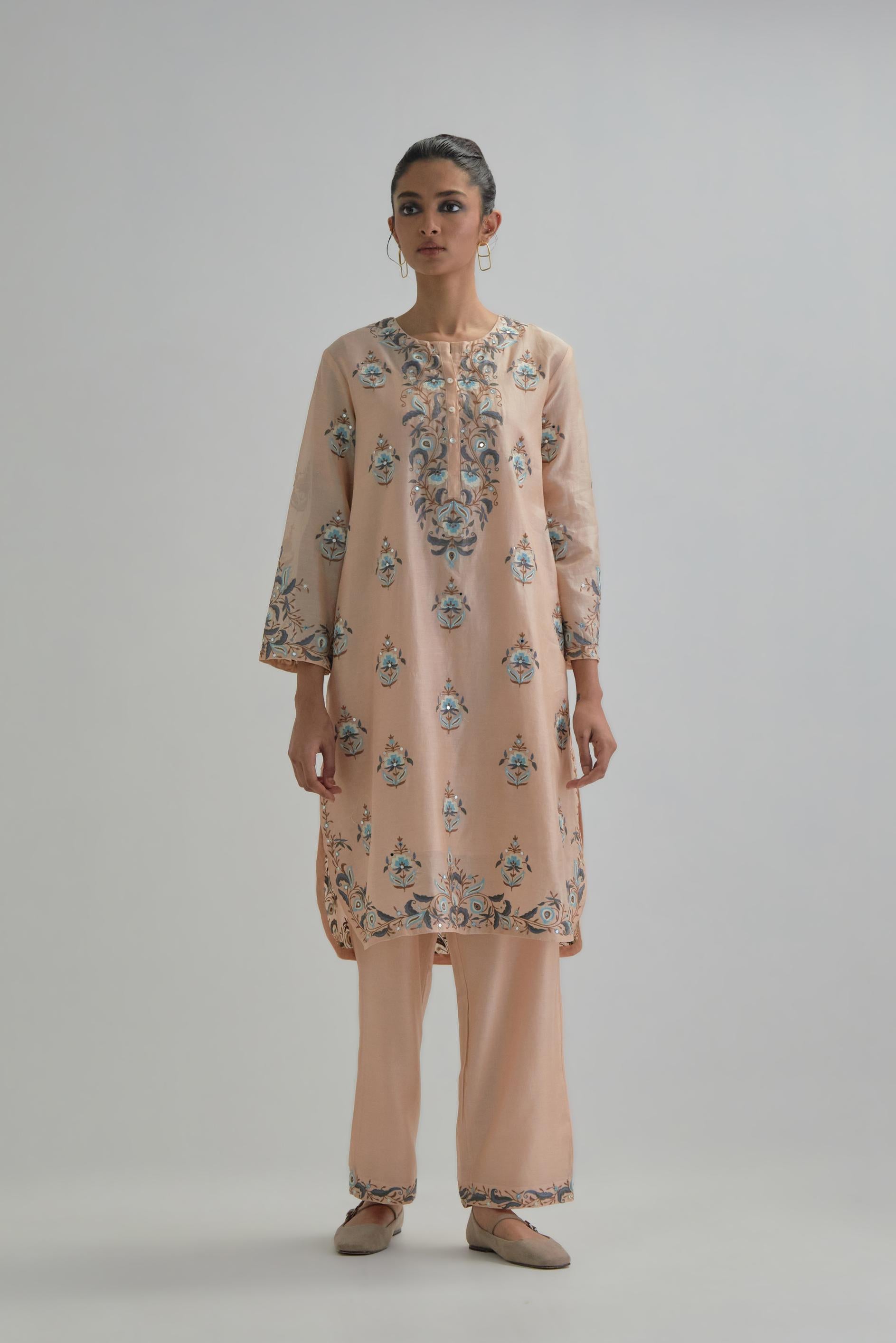 Pink silk Chanderi short kurta set with all-over floral boota embroidery, highlighted with silver sequins.