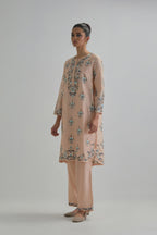 Pink silk Chanderi short kurta set with all-over floral boota embroidery, highlighted with silver sequins.