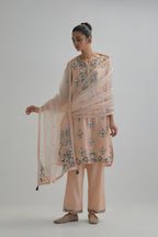 Pink silk Chanderi short kurta set with all-over floral boota embroidery, highlighted with silver sequins.