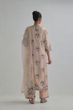 Pink silk organza dupatta with Aari work and earthy coloured flower embroidery all-over the dupatta.