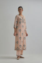 Pink silk Chanderi straight kurta set with all-over floral boota embroidery, highlighted with silver sequins.