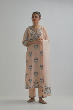 Pink silk Chanderi straight kurta set with all-over floral boota embroidery, highlighted with silver sequins.