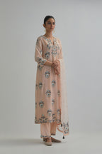 Pink silk Chanderi straight kurta set with all-over floral boota embroidery, highlighted with silver sequins.