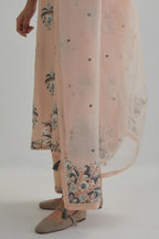 Pink silk organza dupatta with Aari work and earthy coloured flower embroidery all-over the dupatta.