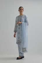 Blue silk organza dupatta with Aari work and earthy coloured flower embroidery all-over the dupatta.