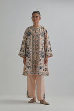 Pink short front open A-line jacket, fully embroidered with bold appliqué flowers, earthy-coloured Aari thread work and silk tassels, paired with Pink silk Chanderi straight pants with earthy coloured appliqué at hem.