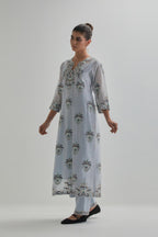 Blue silk Chanderi straight kurta set with all-over floral boota embroidery, highlighted with silver sequins.