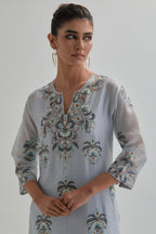 Blue silk Chanderi straight kurta set with all-over floral boota embroidery, highlighted with silver sequins.