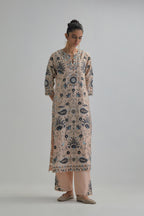Pink straight kurta set, fully embroidered with bold appliqué flowers, earthy-coloured Aari thread work and silk tassels.