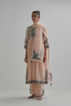 Pink silk Chanderi kurta-dress set with a wavy high-waist and fine gathers. The yoke is fully embroidered with earthy coloured circular appliqué and Aari thread work.