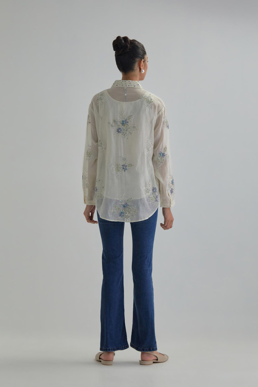 Off white cotton Chanderi embroidered shirt with full sleeves.
