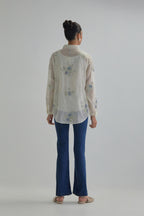 Off white cotton Chanderi embroidered shirt with full sleeves.