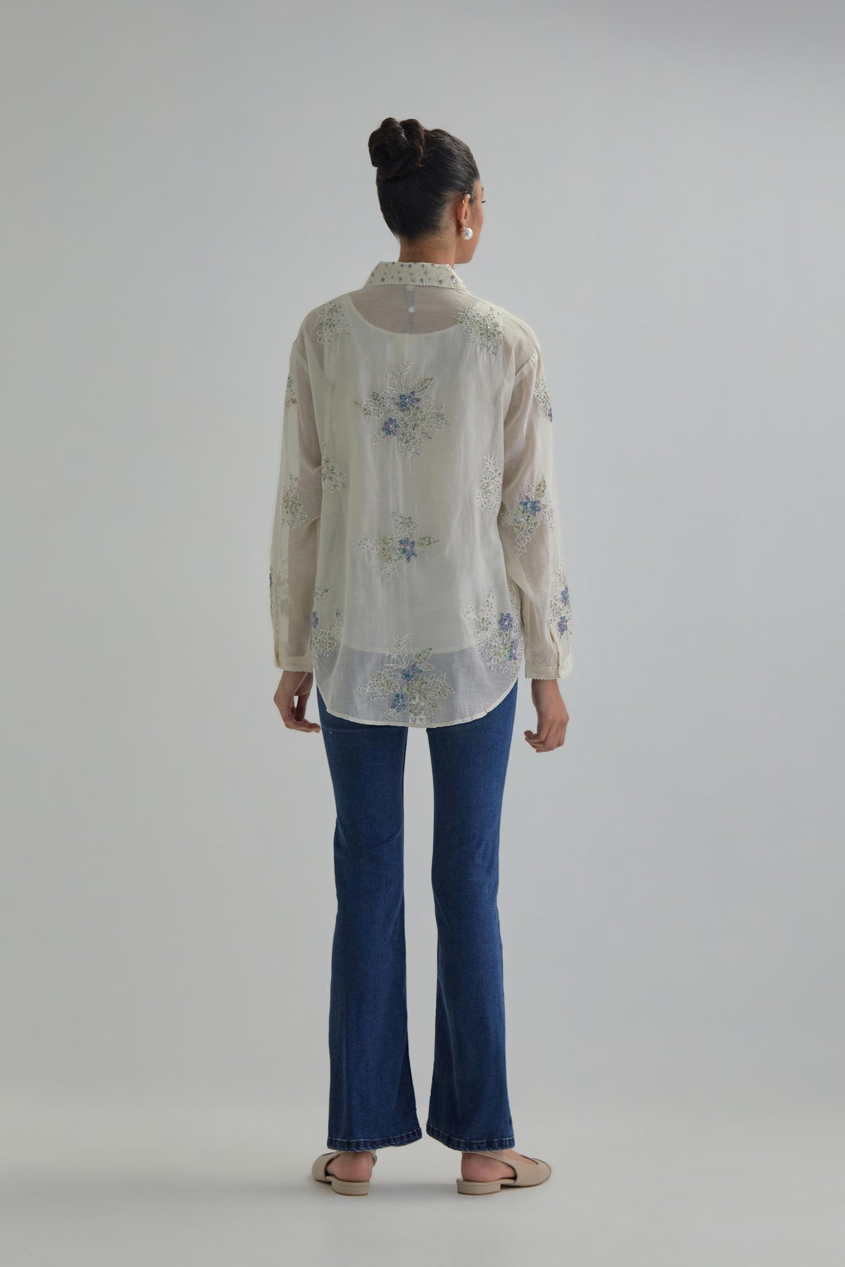 Off white cotton Chanderi embroidered shirt with full sleeves.