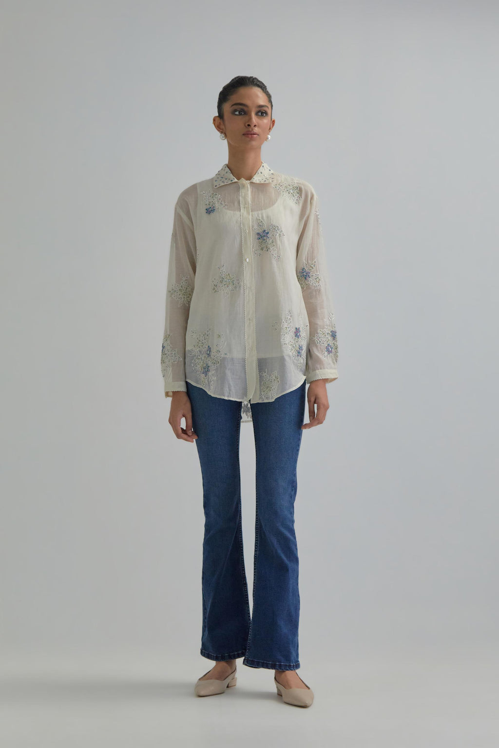 Off white cotton Chanderi embroidered shirt with full sleeves.