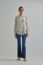 Off white cotton Chanderi embroidered shirt with full sleeves.