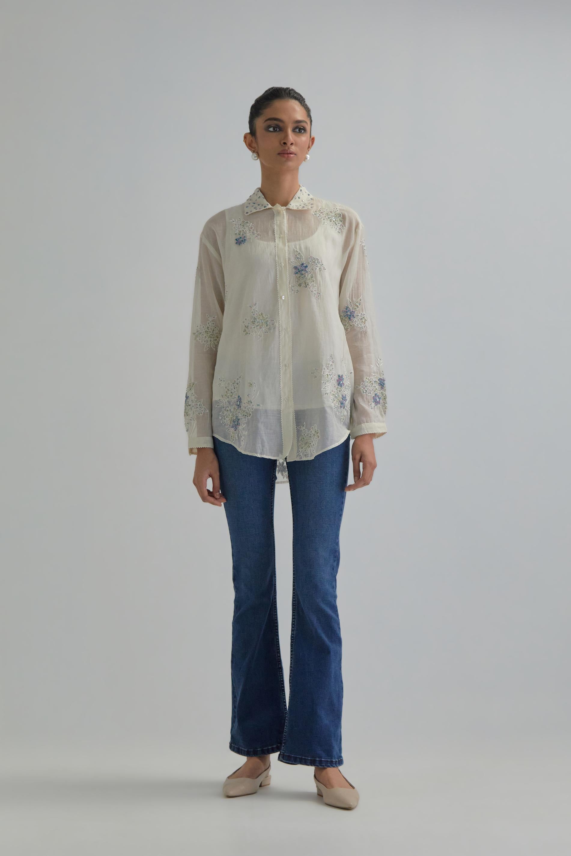 Off white cotton Chanderi embroidered shirt with full sleeves.