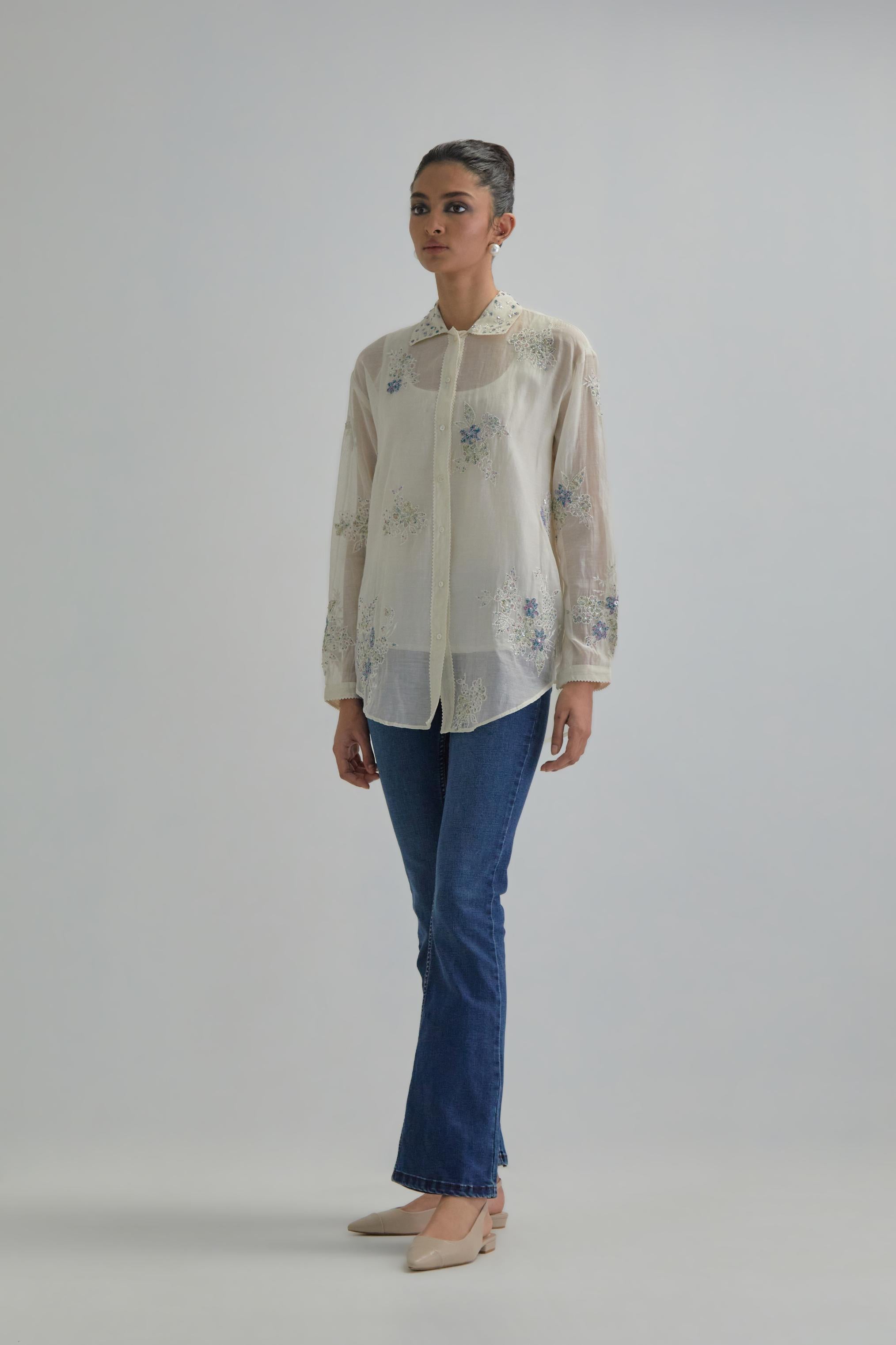 Off white cotton Chanderi embroidered shirt with full sleeves.