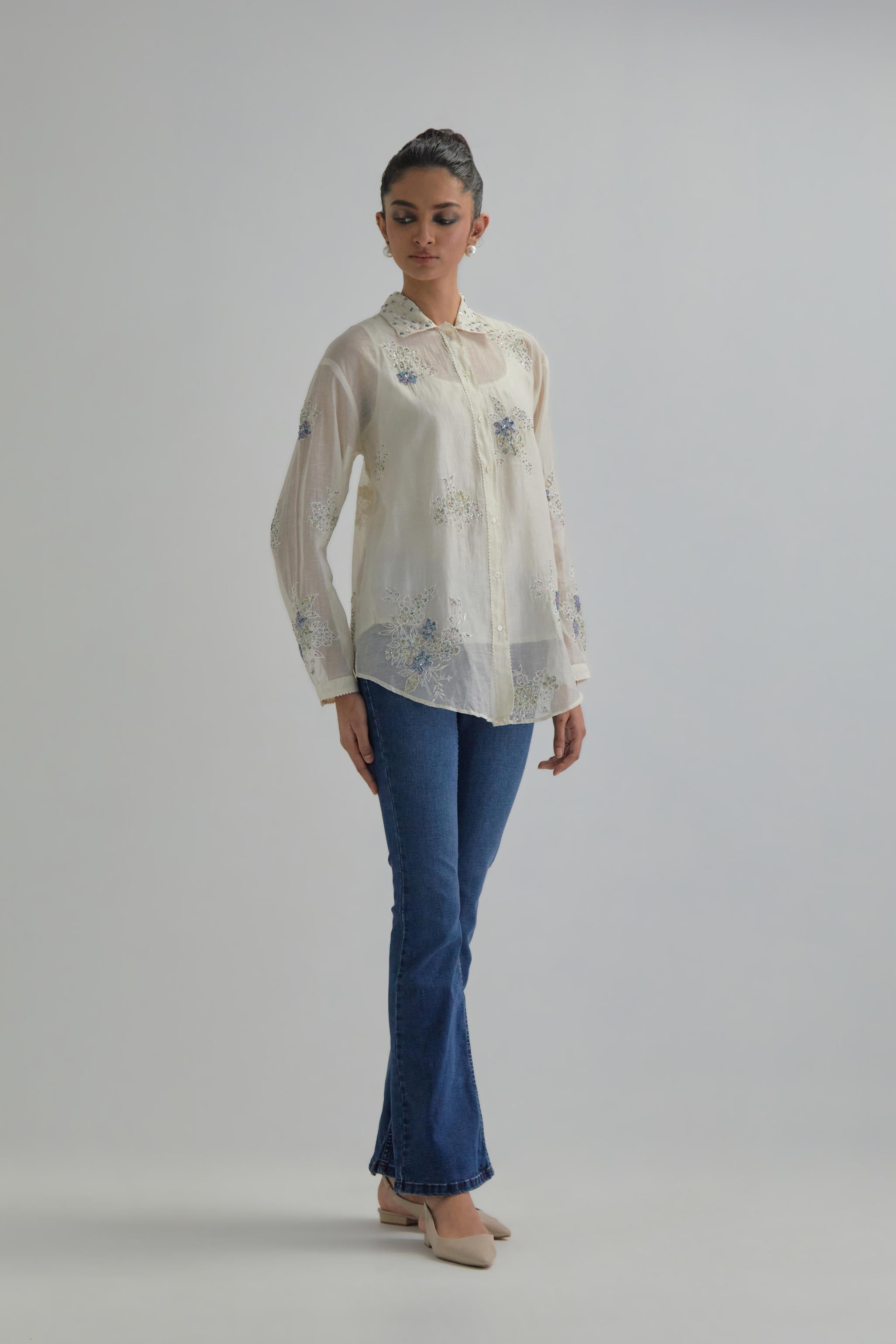Off white cotton Chanderi embroidered shirt with full sleeves.
