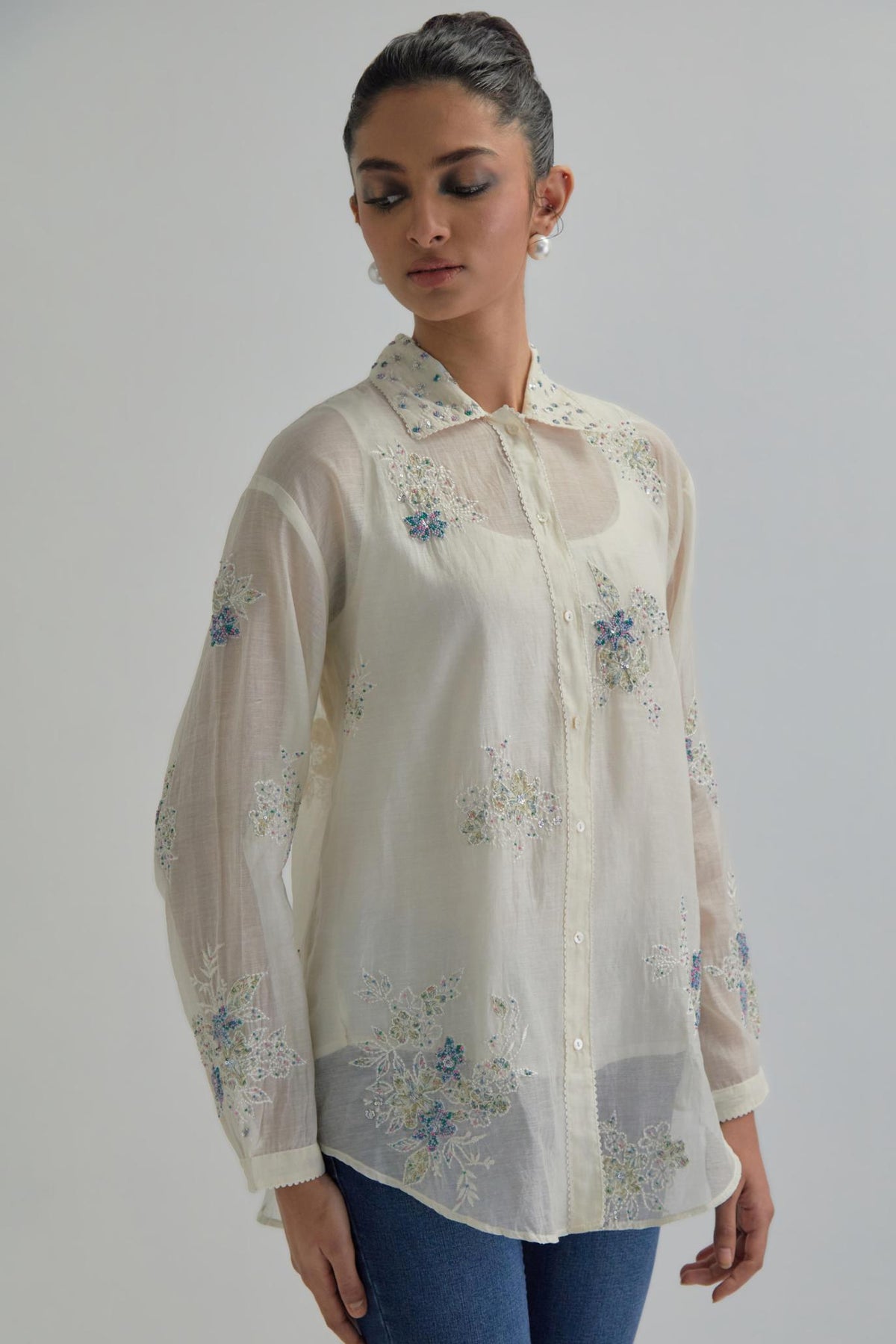 Off white cotton Chanderi embroidered shirt with full sleeves.