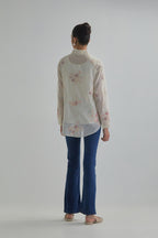 Off white cotton Chanderi embroidered shirt with full sleeves.