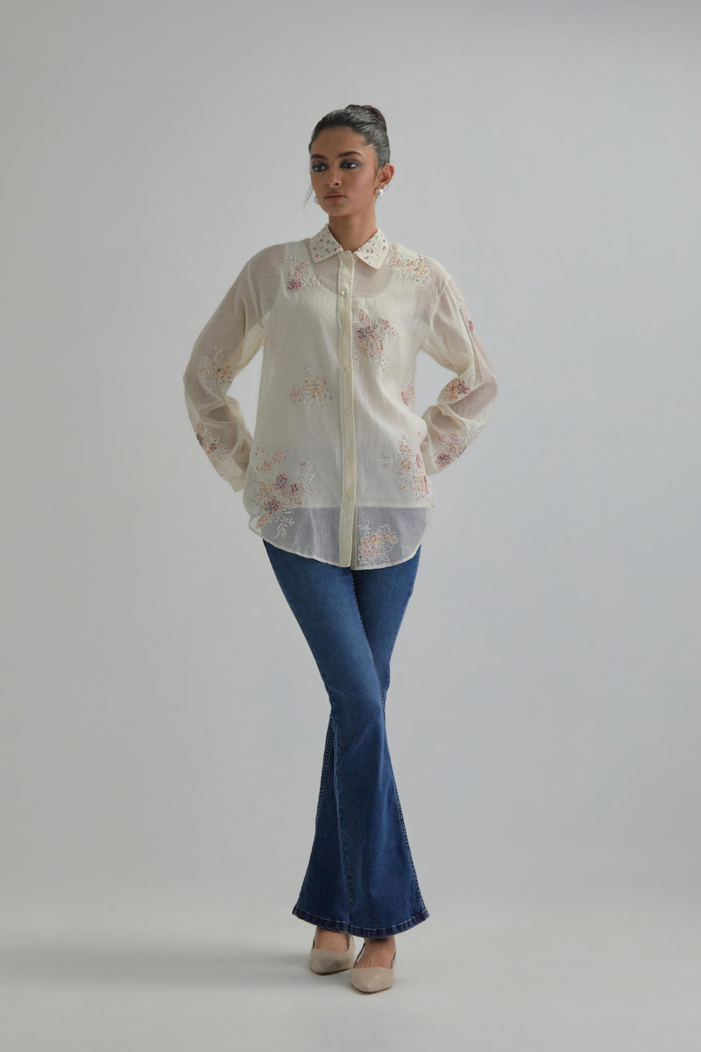 Off white cotton Chanderi embroidered shirt with full sleeves.