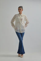 Off white cotton Chanderi embroidered shirt with full sleeves.