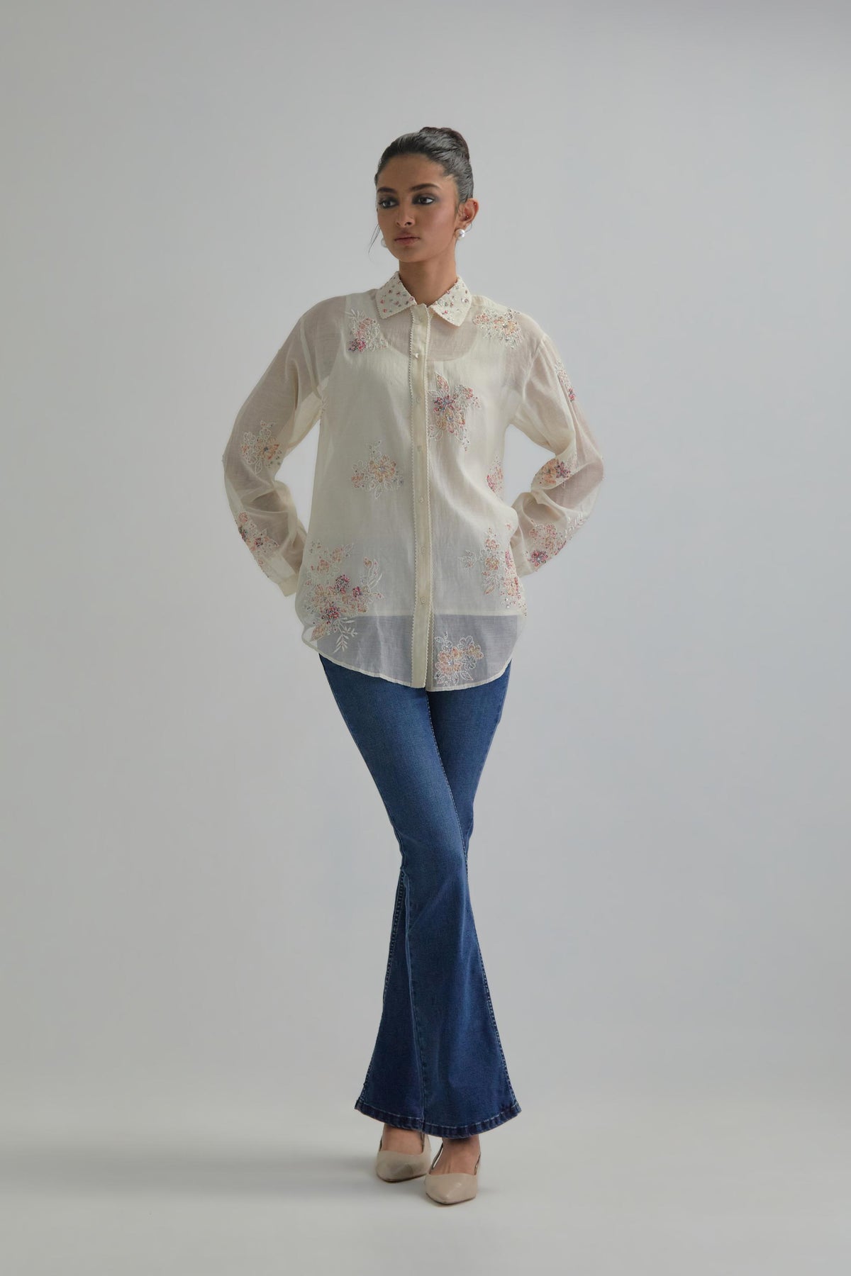 Off white cotton Chanderi embroidered shirt with full sleeves.
