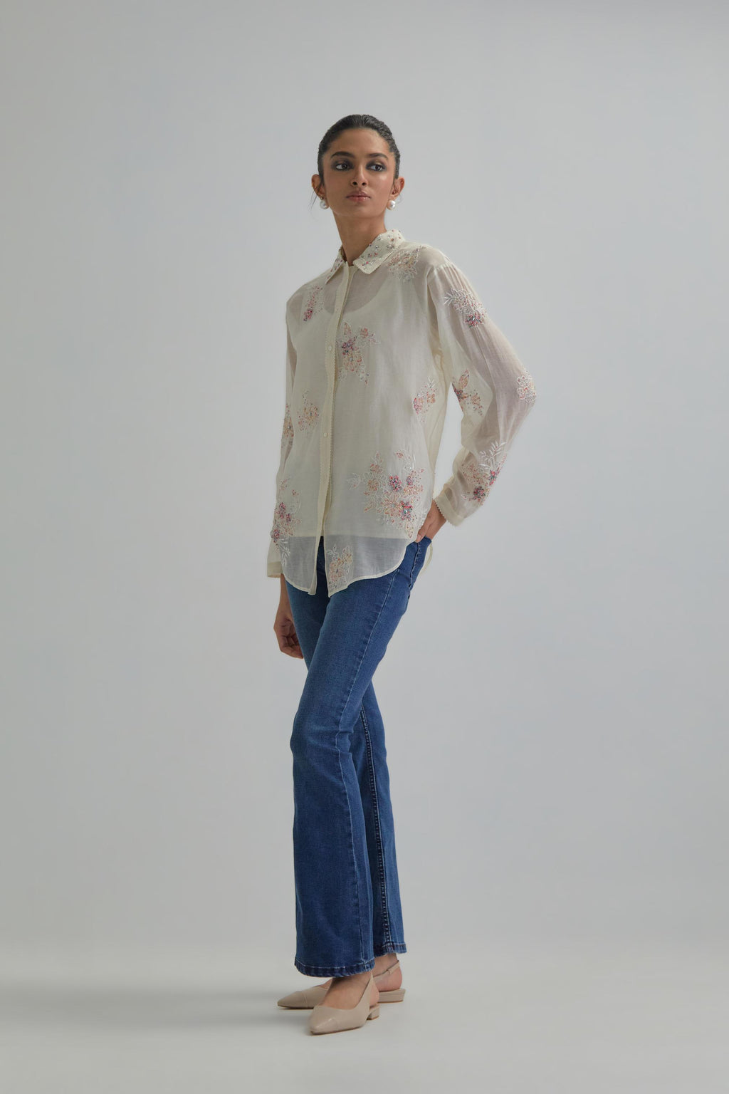 Off white cotton Chanderi embroidered shirt with full sleeves.