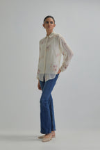 Off white cotton Chanderi embroidered shirt with full sleeves.