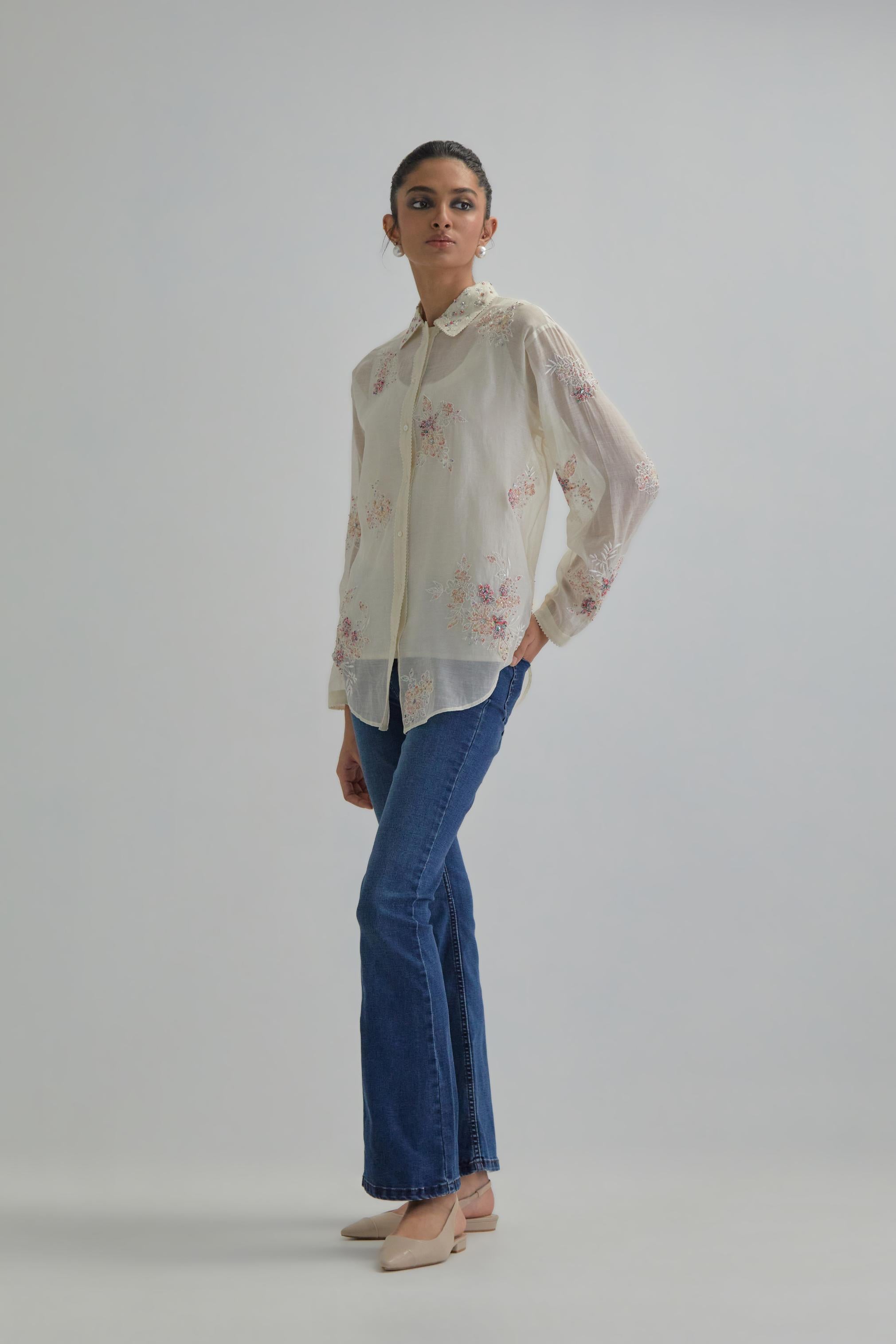 Off white cotton Chanderi embroidered shirt with full sleeves.