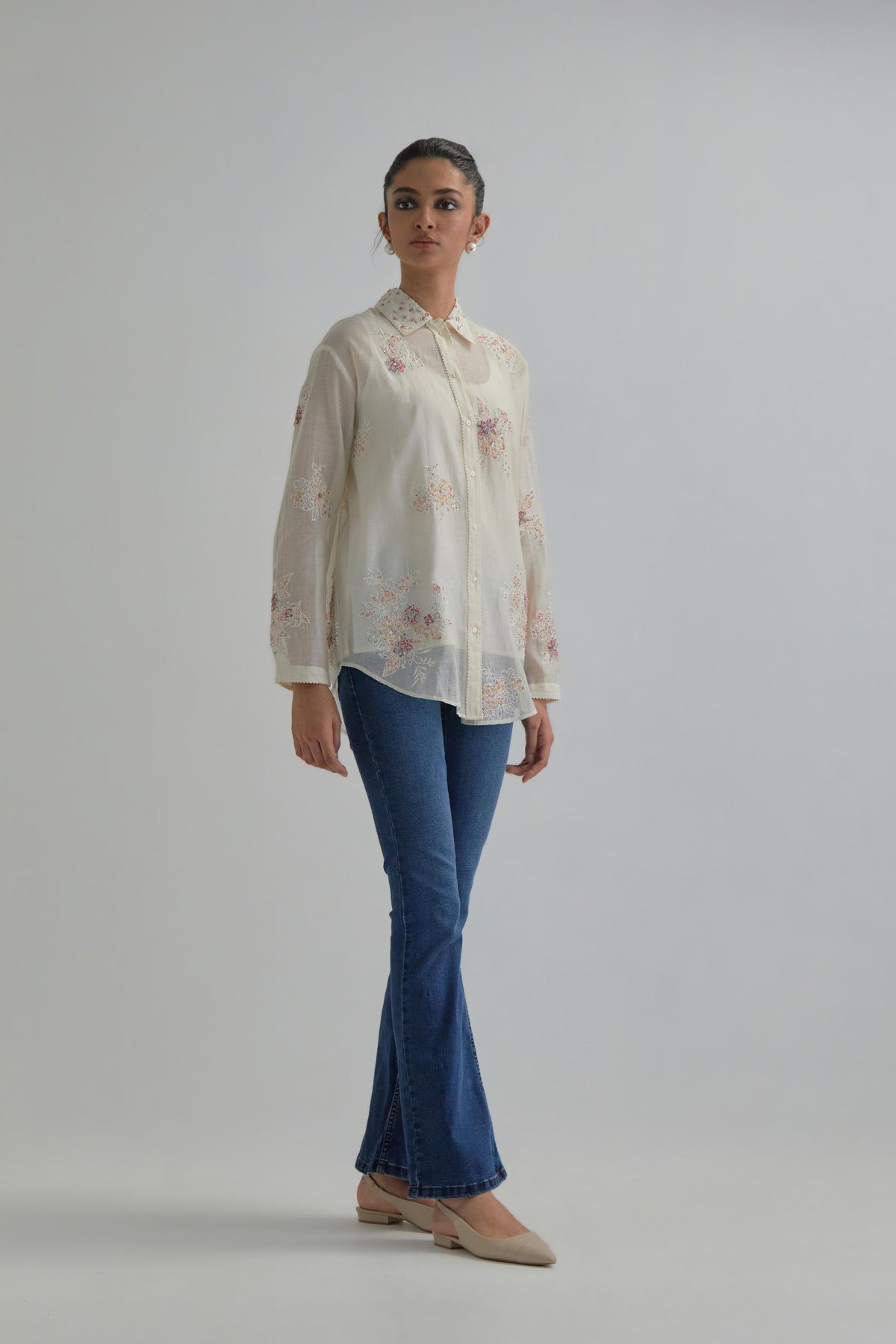 Off white cotton Chanderi embroidered shirt with full sleeves.