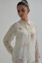 Off white cotton Chanderi embroidered shirt with full sleeves.