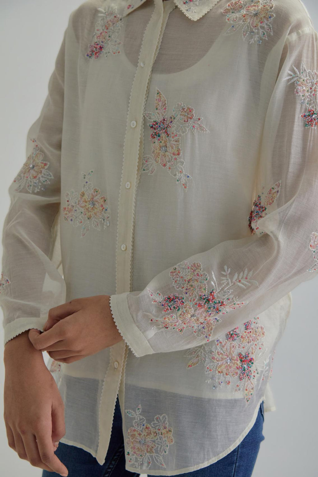 Off white cotton Chanderi embroidered shirt with full sleeves.