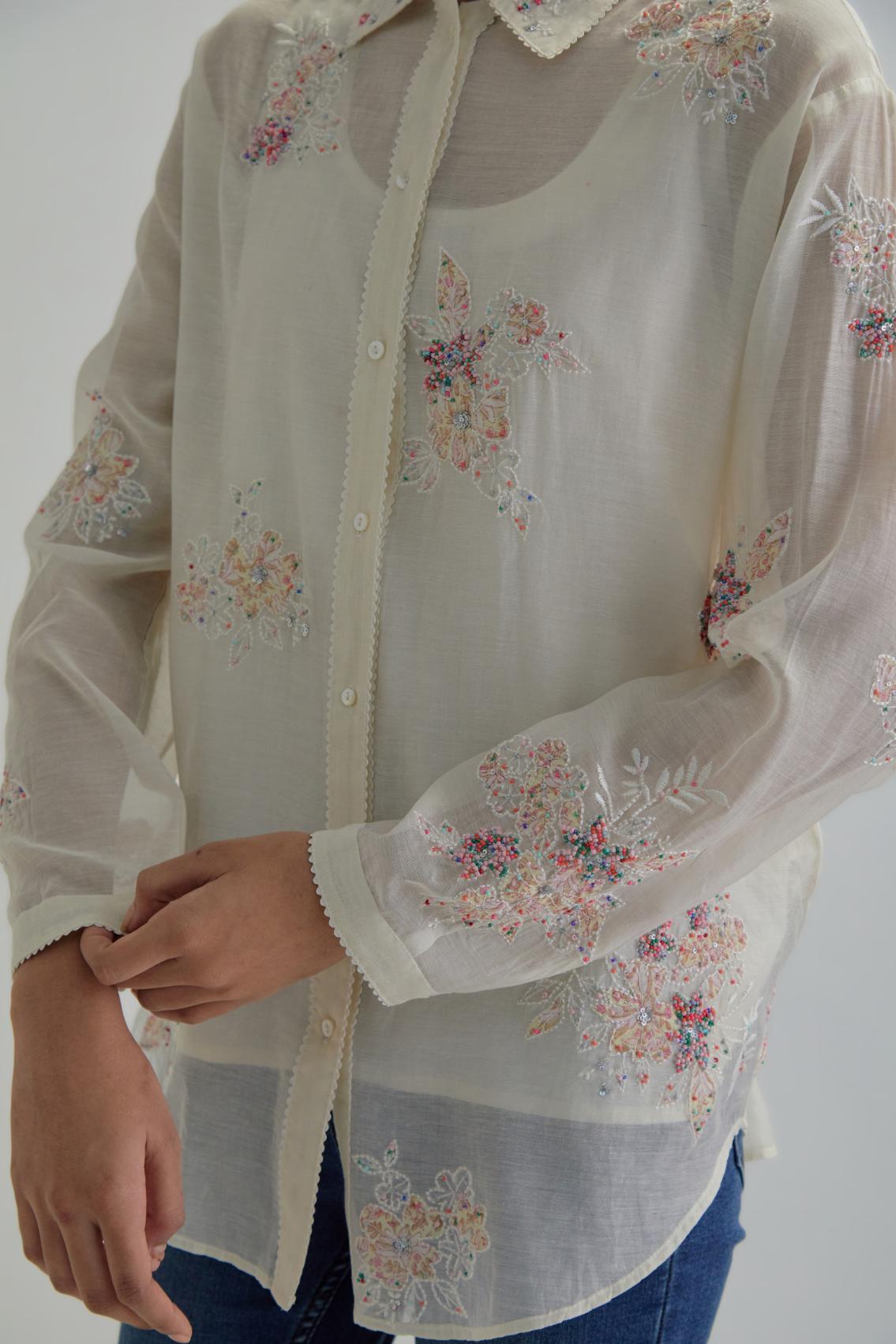 Off white cotton Chanderi embroidered shirt with full sleeves.