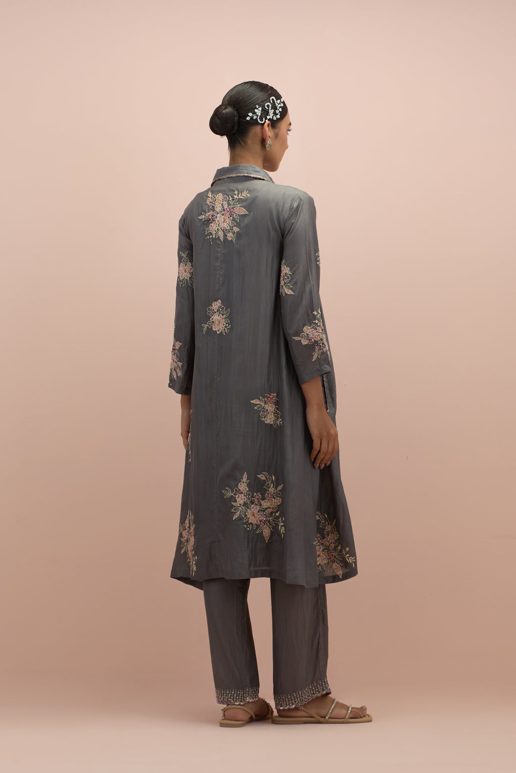 Iron grey silk short shirt-kurta set with all-over appliqué flowers, highlighted with sequins and multi-colored beads.