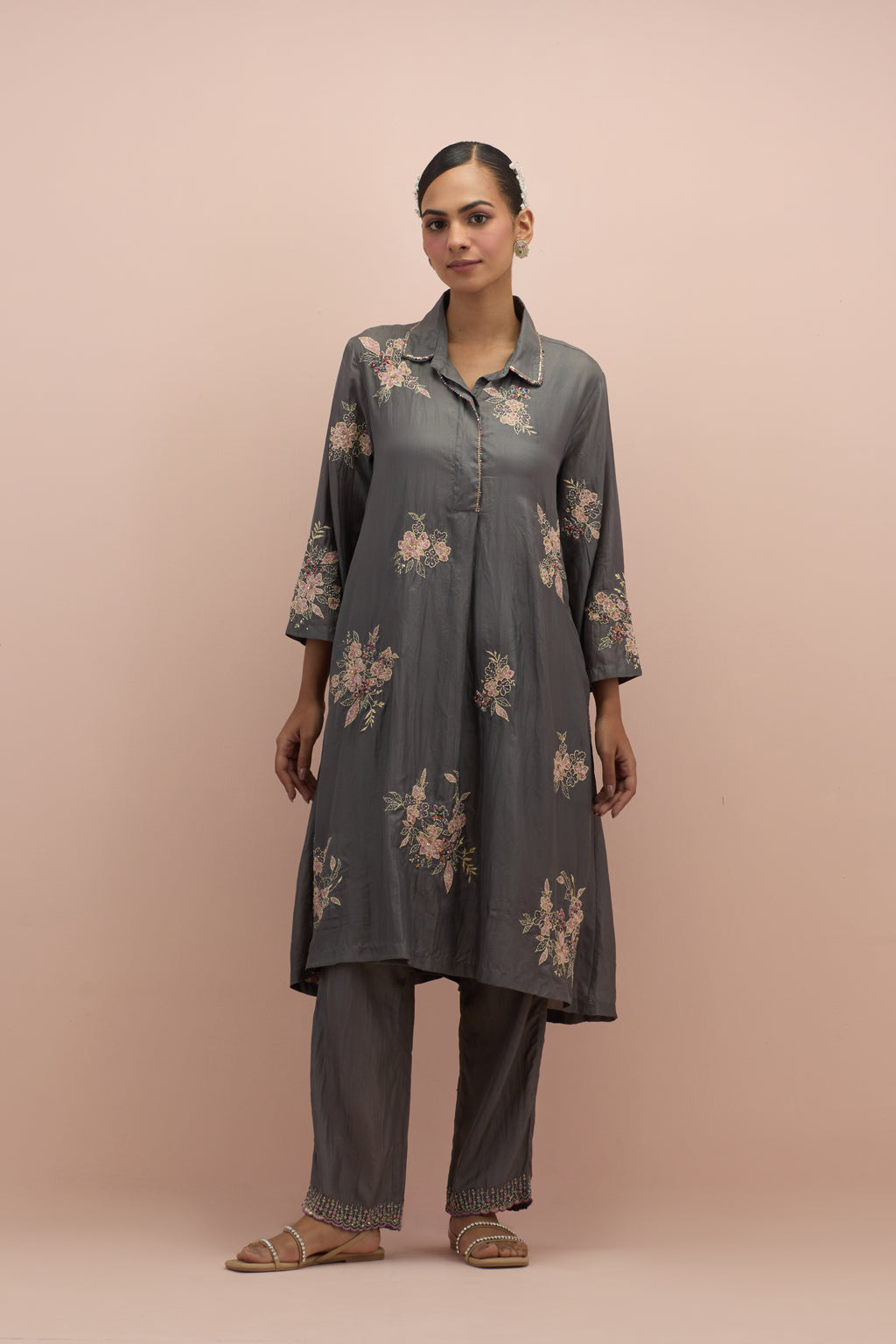 Iron grey silk short shirt-kurta set with all-over appliqué flowers, highlighted with sequins and multi-colored beads.