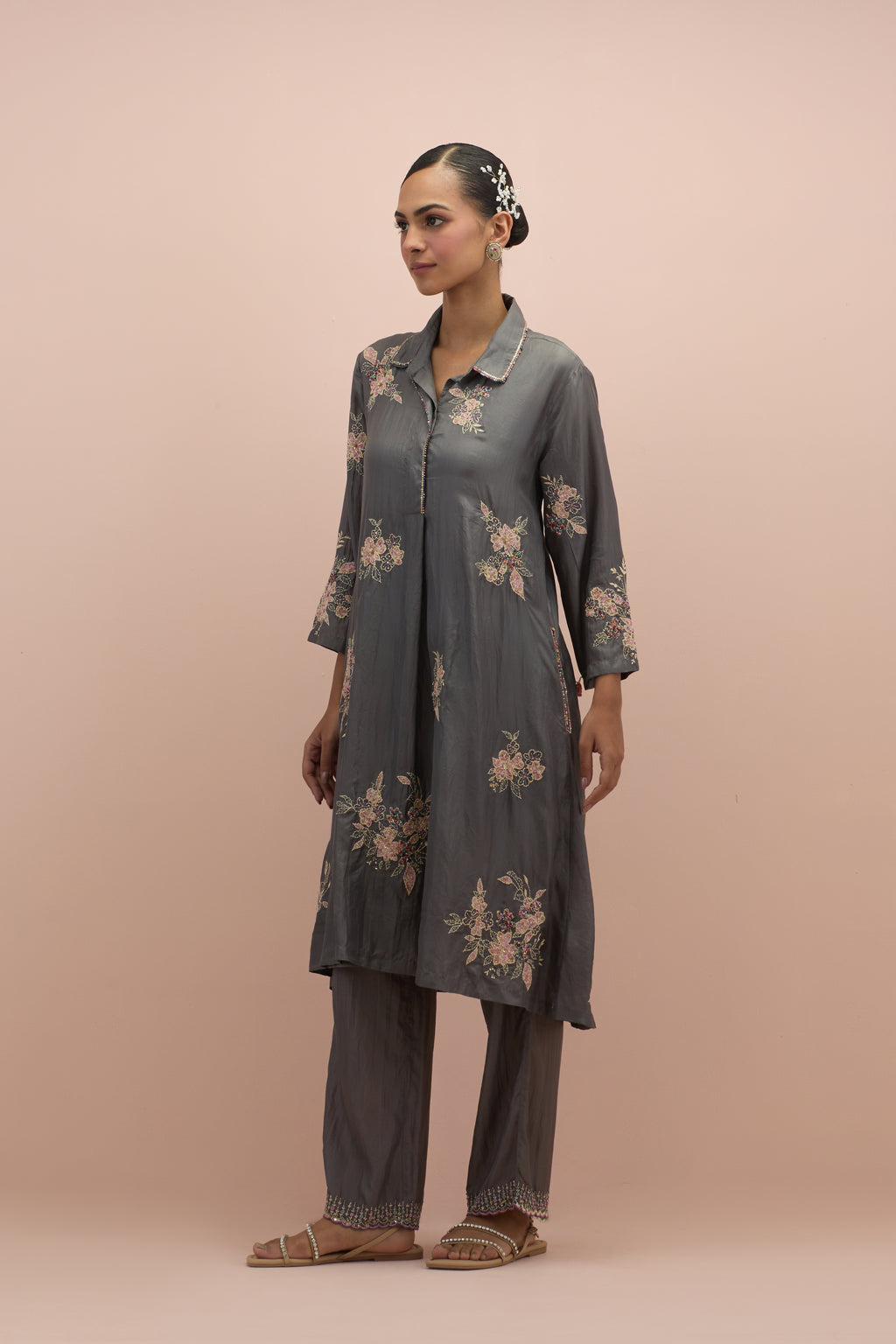 Iron grey silk short shirt-kurta set with all-over appliqué flowers, highlighted with sequins and multi-colored beads.