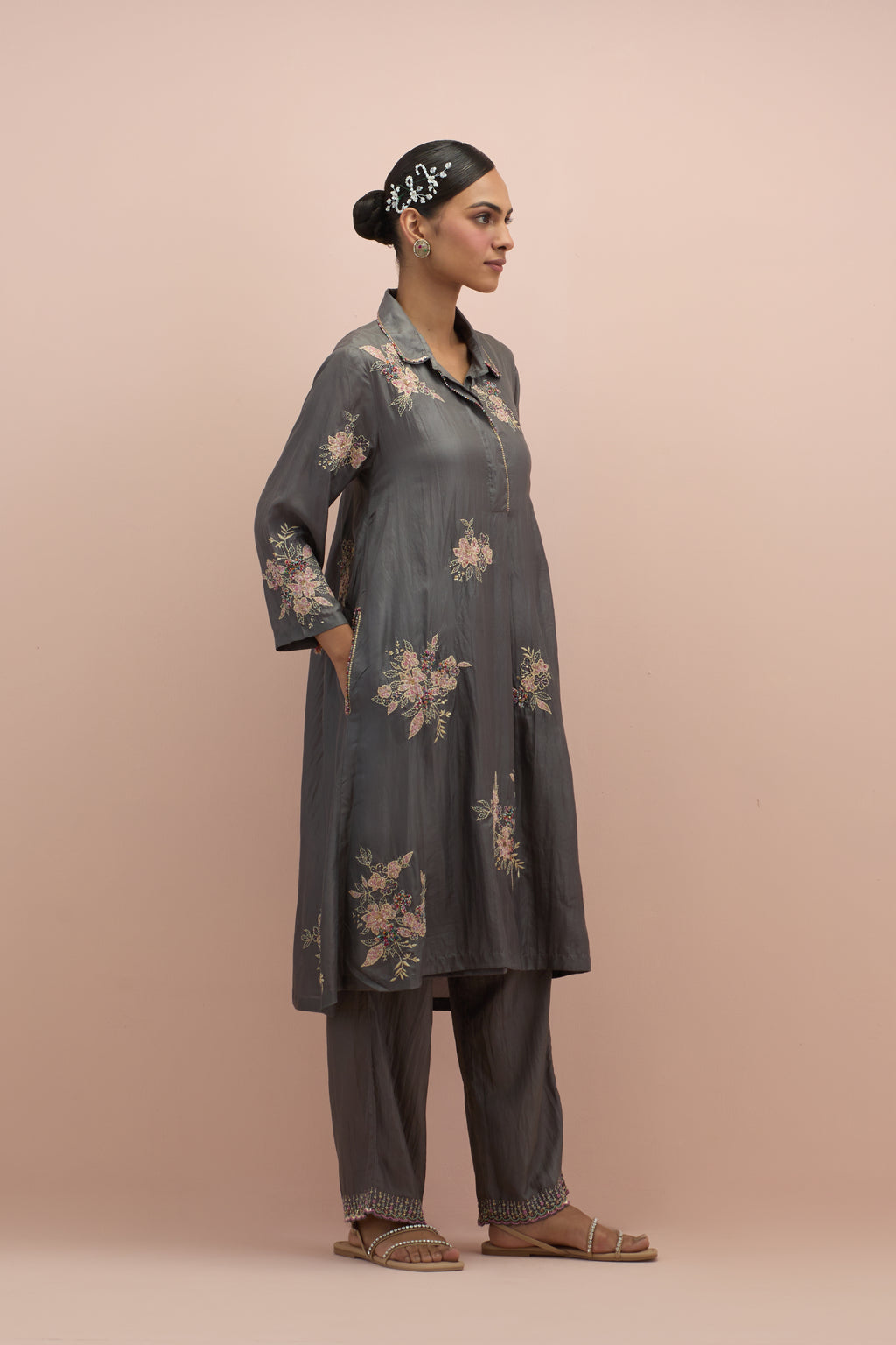 Iron grey silk short shirt-kurta set with all-over appliqué flowers, highlighted with sequins and multi-colored beads.