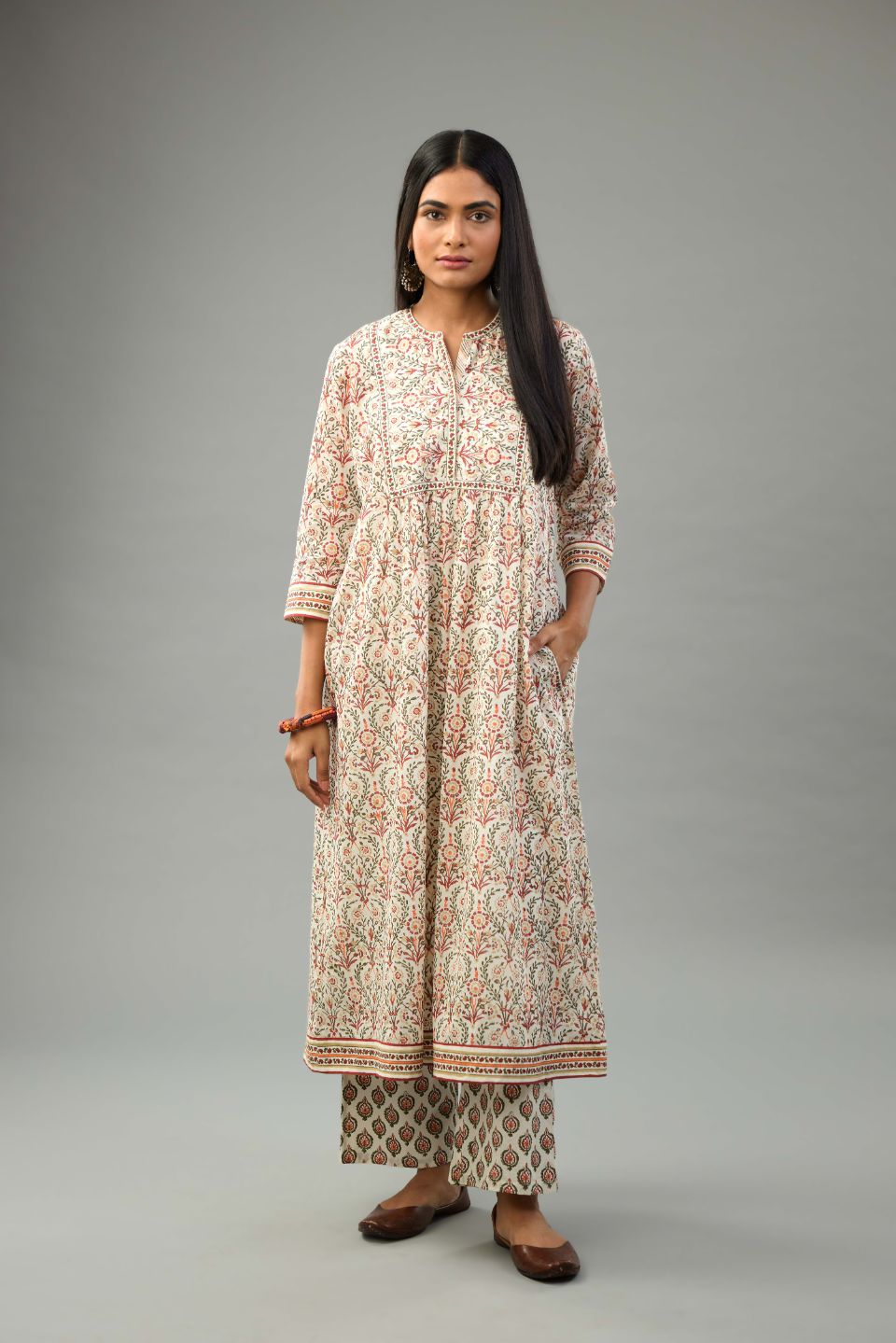 Red & green hand block printed kurta set dress with fine gathers at waistline.