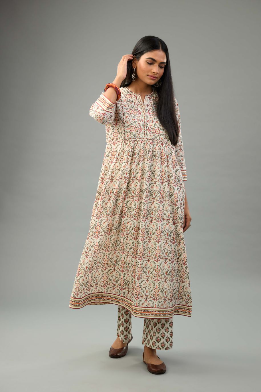 Red & green hand block printed kurta set dress with fine gathers at waistline.