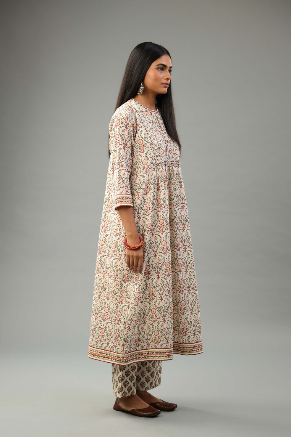 Red & green hand block printed kurta set dress with fine gathers at waistline.