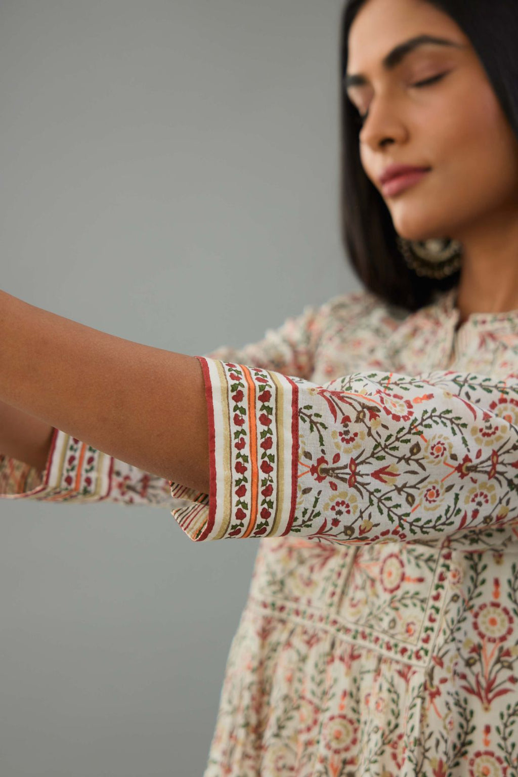 Red & green hand block printed kurta set dress with fine gathers at waistline.