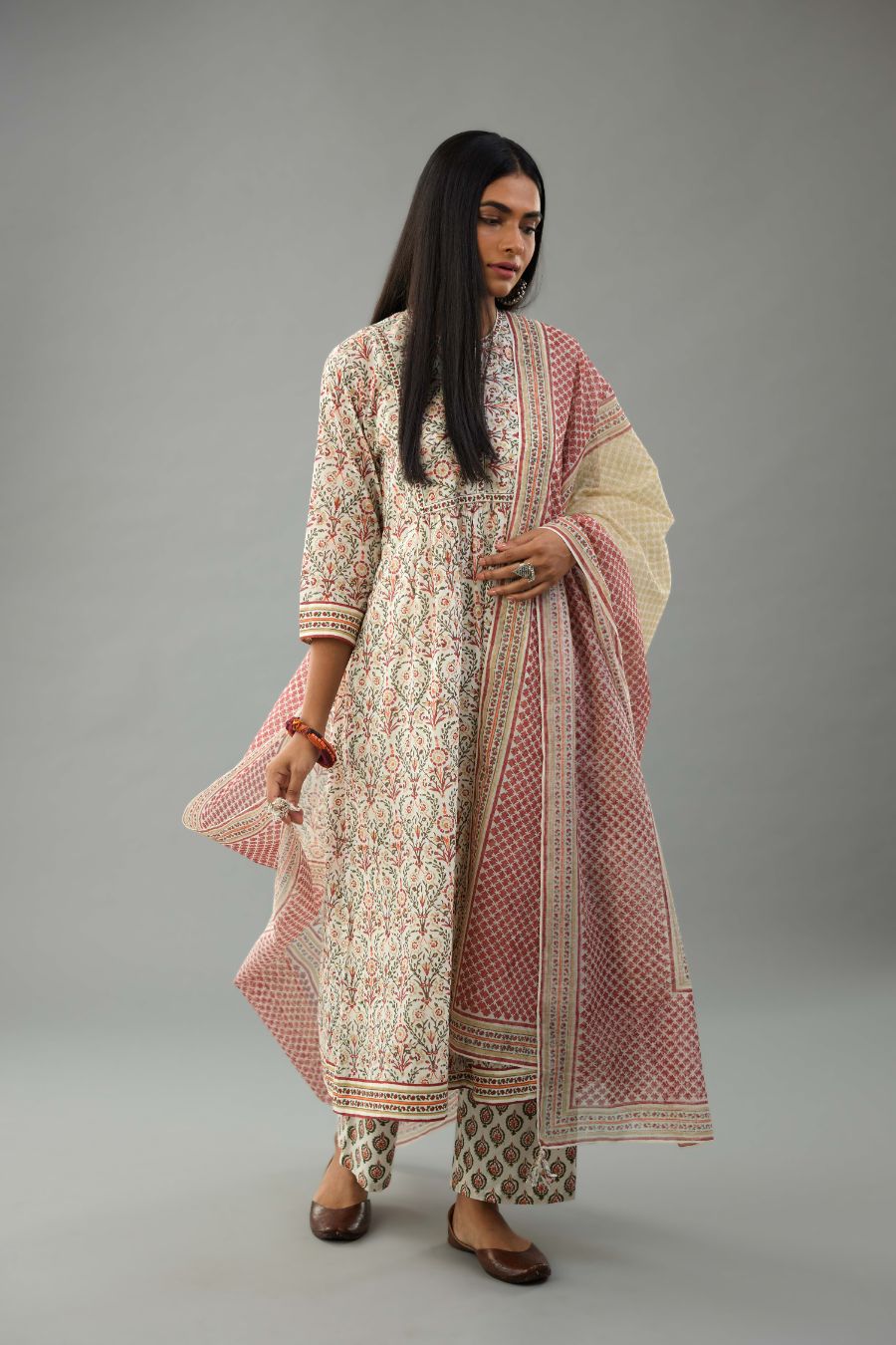 Red and green hand block printed Cotton Chanderi dupatta.