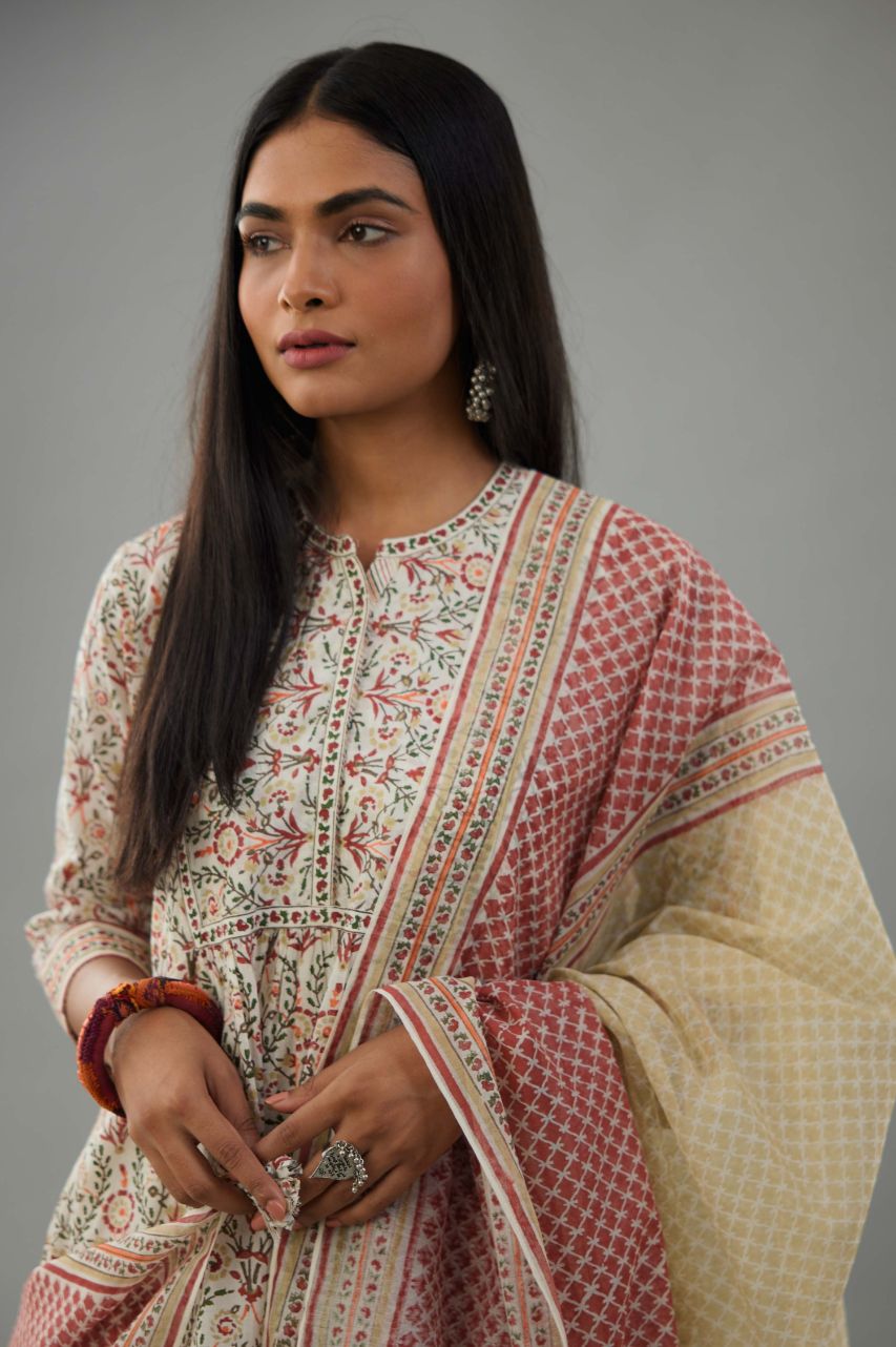 Red and green hand block printed Cotton Chanderi dupatta.