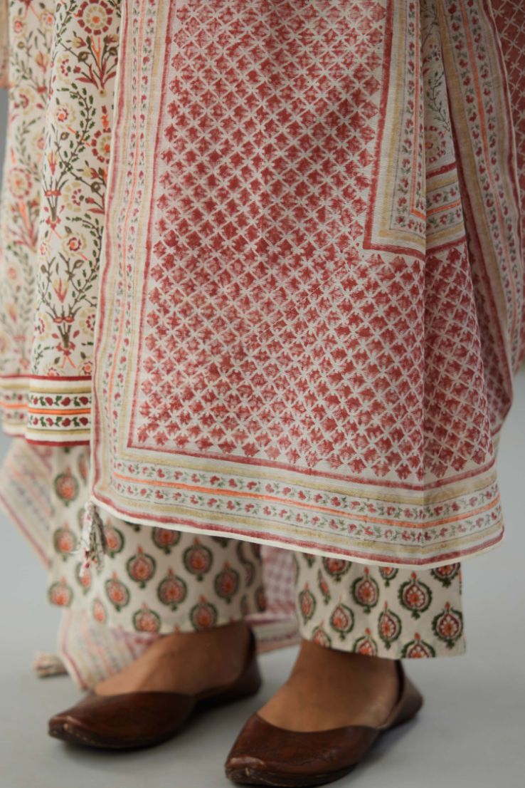 Red and green hand block printed Cotton Chanderi dupatta.