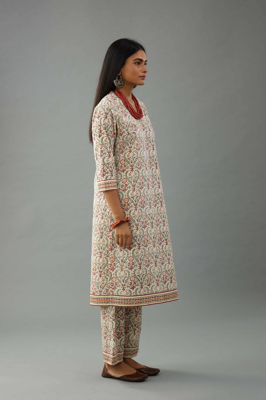 Red & green cotton mid length straight kurta set with all over hand block print.