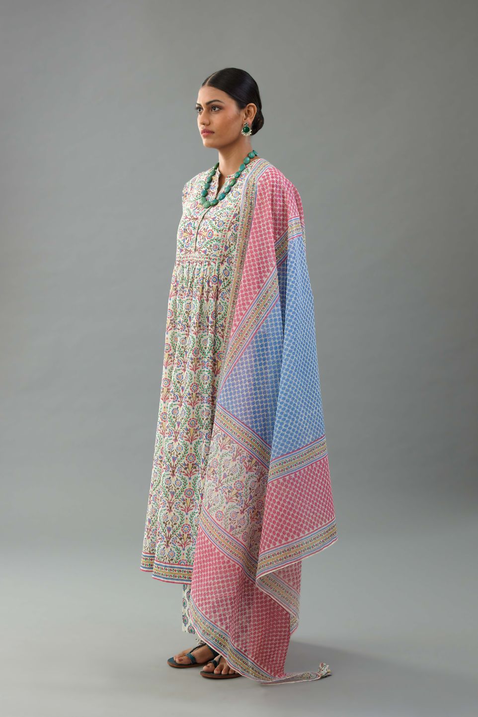 Blue and pink hand block printed Cotton Chanderi dupatta.