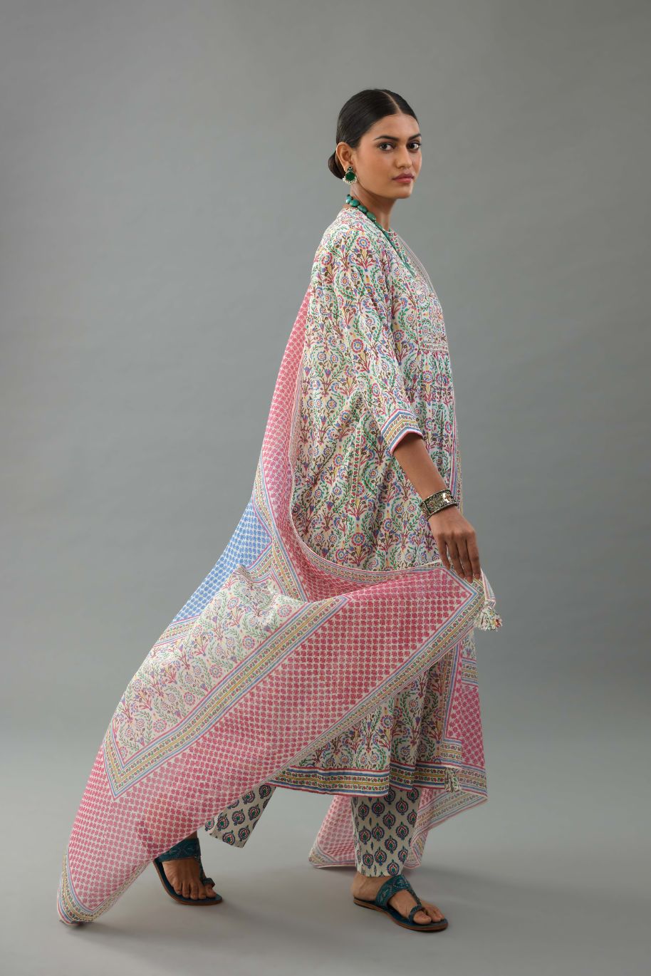 Blue and pink hand block printed Cotton Chanderi dupatta.