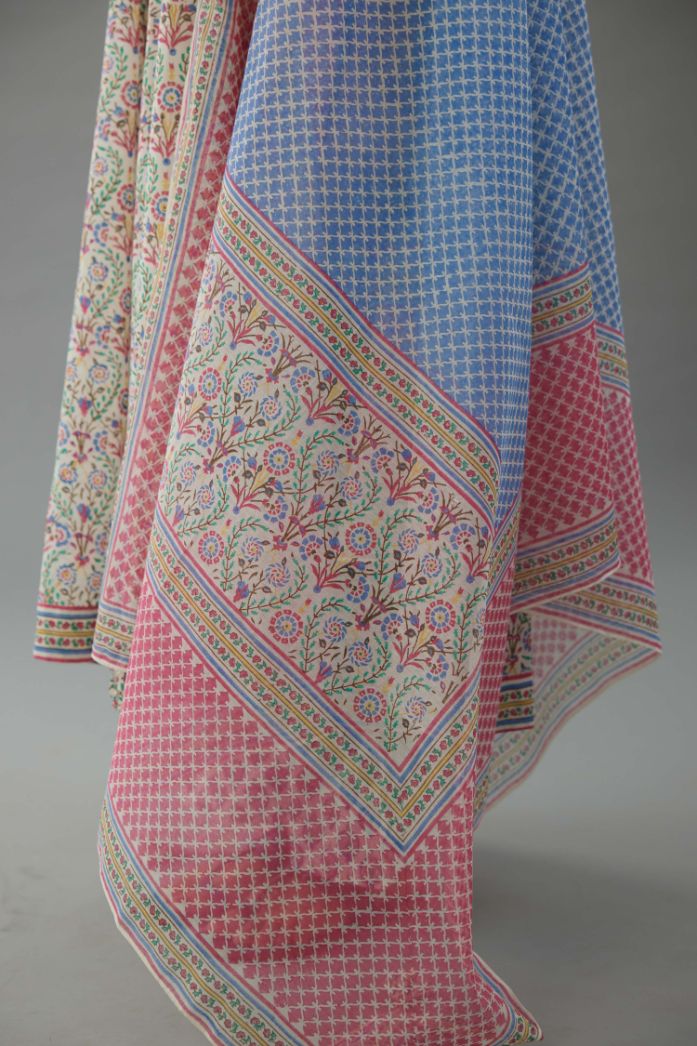 Blue and pink hand block printed Cotton Chanderi dupatta.